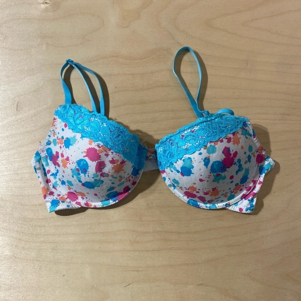 Rampage Floral Lace Trim Underwire Bra - Blue and Pink 38 C (MZ)